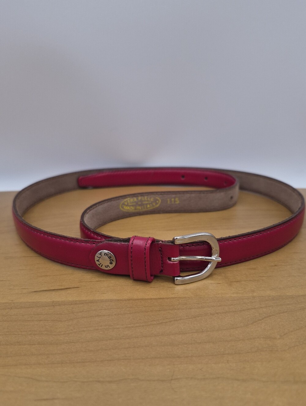 Vera Pelle Made In Italy Red Leather Skinny Belt Silver Buckle Size L (115) - Picture 2 of 9